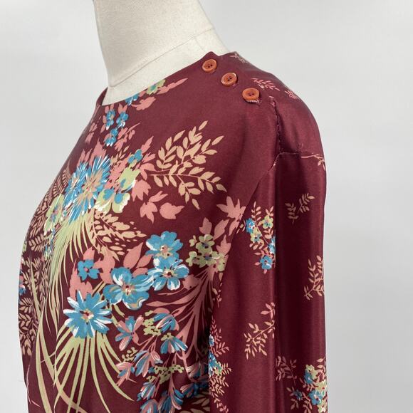 Vintage 70s Floral Print Matching Skirt Set Button Neck Tunic Midi Maroon Small - Picture 5 of 12